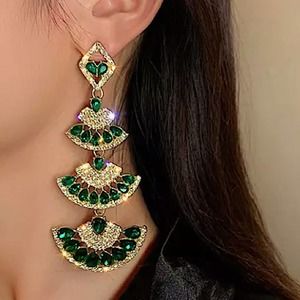 Vintage Emerald Green Crystal Oversized GP Dangle Statement Earrings